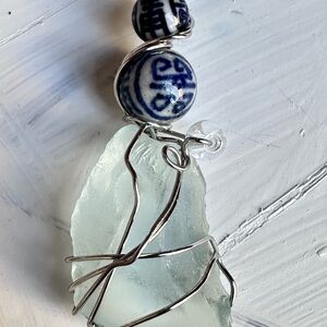 Collage Pendant Vintage Hong Kong Beads & Sea Glass Wire Wrapped Handmade 4226 Y